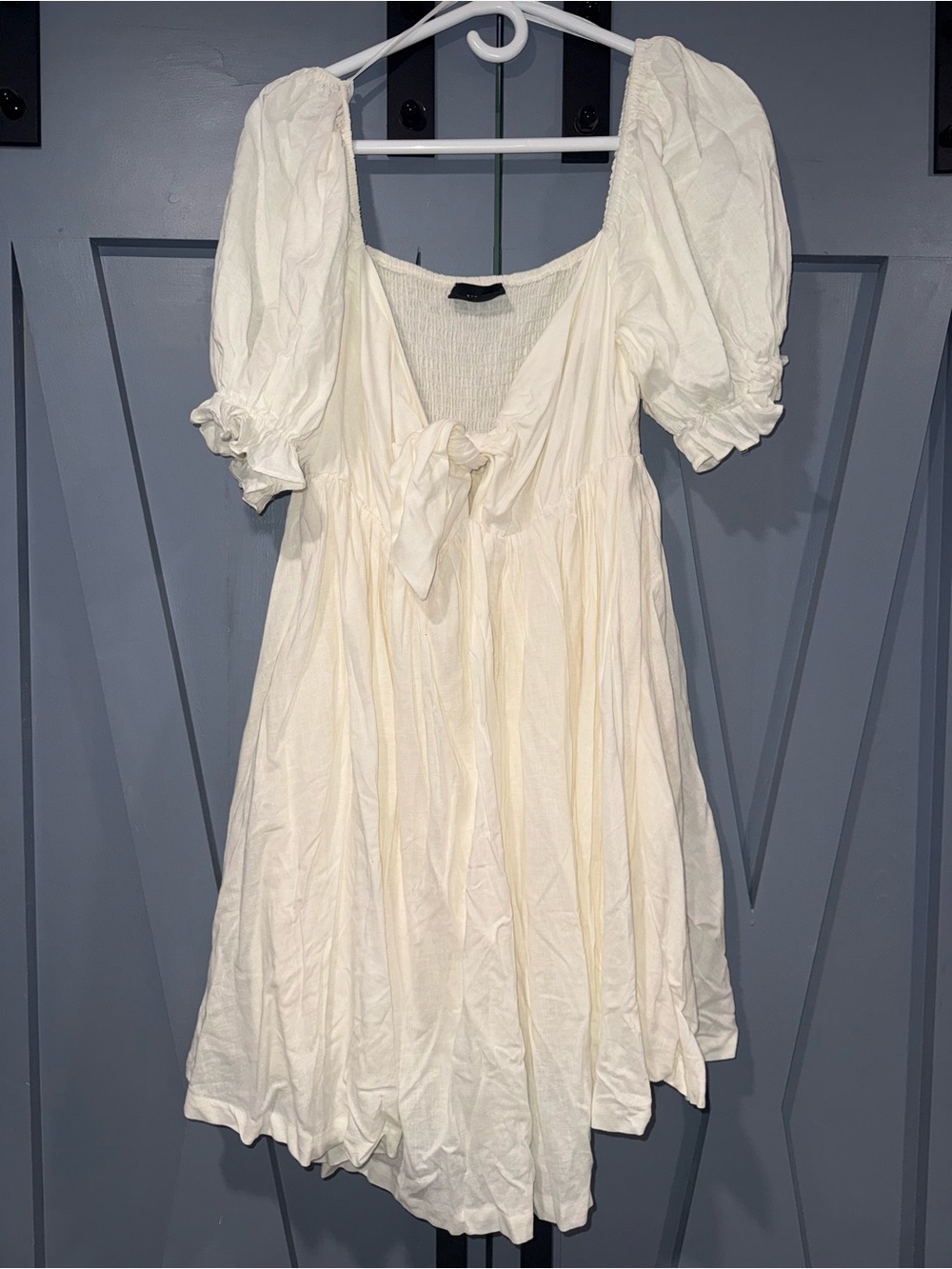Cream Puff-Sleeve Mini Dress with Tie-Front